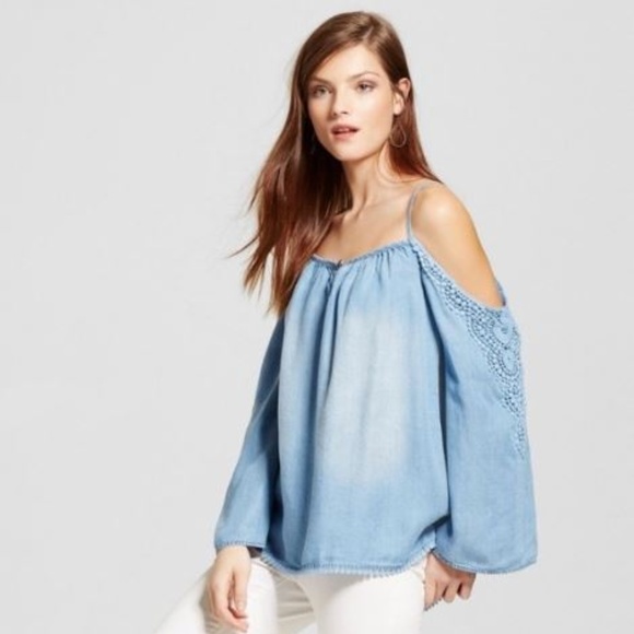 Knox Rose Tops - Knox Rose Light Denim Lace Open Shoulder – SZ S